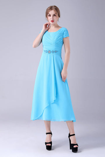 Azul Cielo De Cuello Cuadrado De Cuello De La Madre De La Novia Vestido Con Plisado